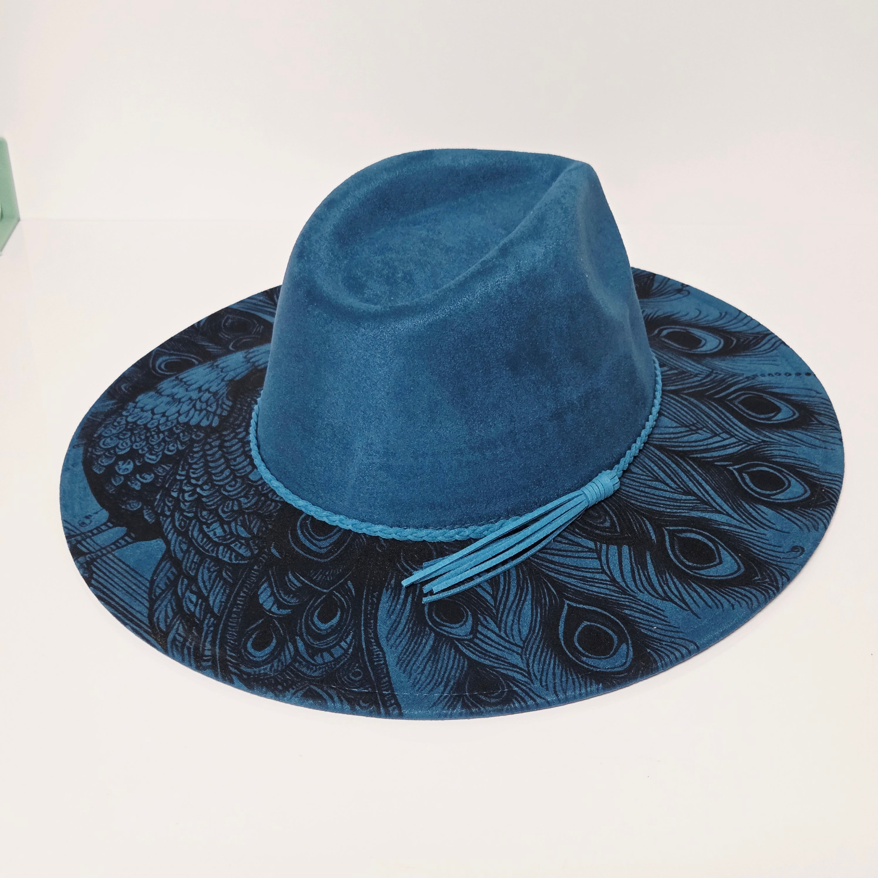 Peacock Laser Engraved Vegan Suede Wide Brim Hat