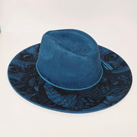 Peacock Laser Engraved Vegan Suede Wide Brim Hat