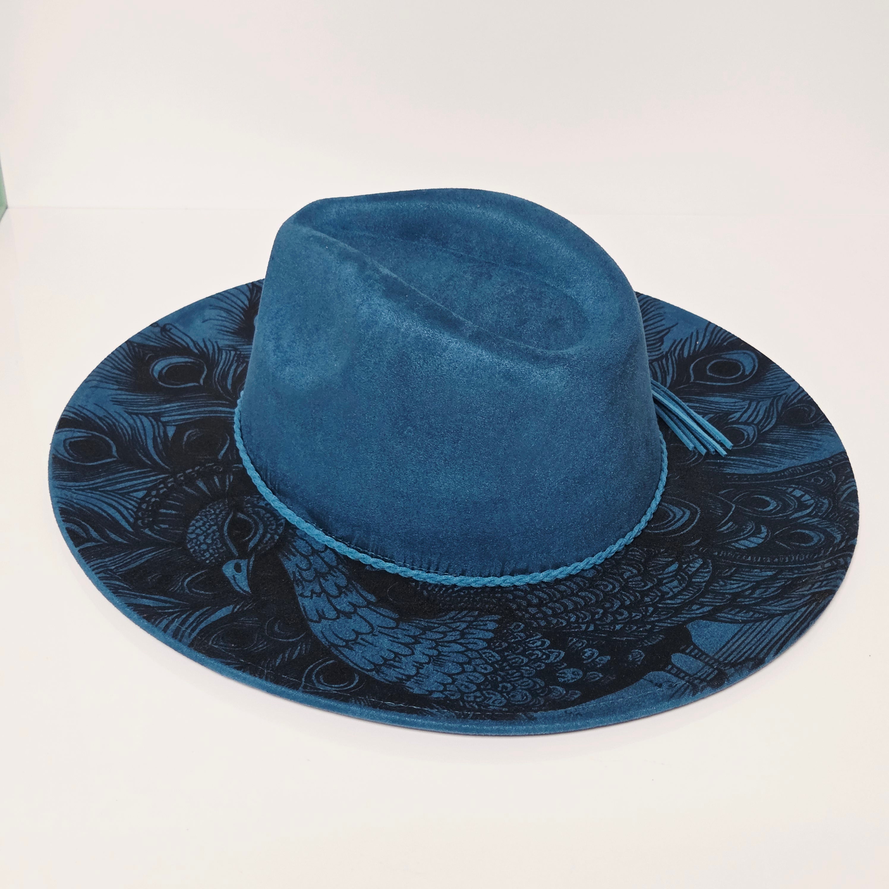 Peacock Laser Engraved Vegan Suede Wide Brim Hat