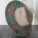 Fully Decorated Laser Engraved Vegan Suede Wide Brim Hat with Accessories