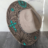 Fully Decorated Laser Engraved Vegan Suede Wide Brim Hat with Accessories