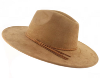 Brown suede hat with a braided band on a white background