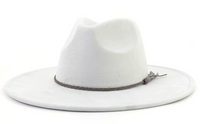 White fedora hat with a brown band on a white background