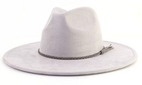 Light gray wide-brimmed hat with a braided band on a white background