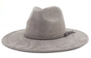 Gray suede hat with braided band on a white background