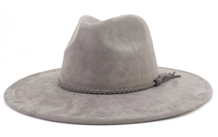 Gray suede hat with braided band on a white background