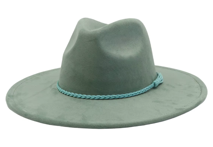 Green hat with a braided band on a white background