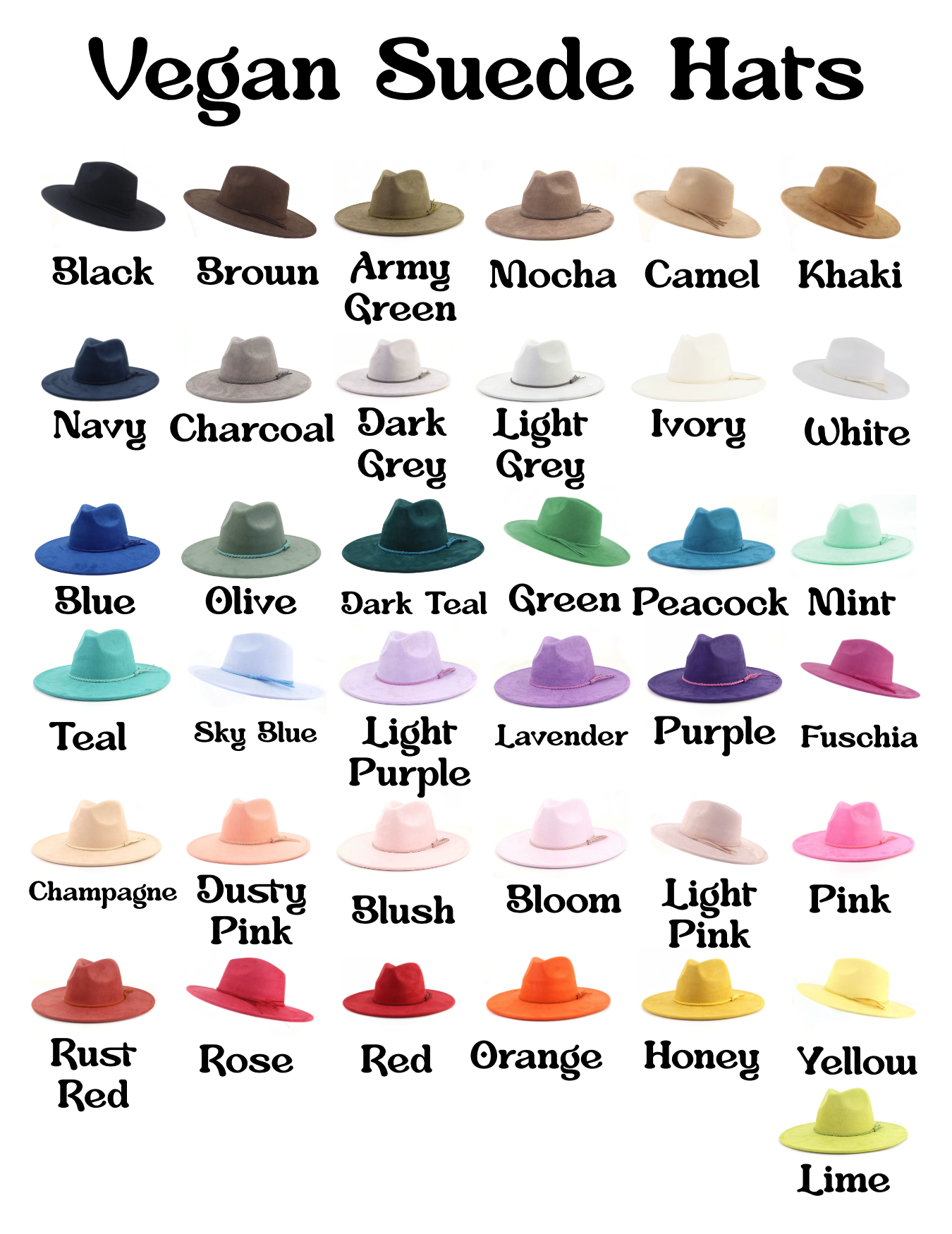Color chart of vegan suede hats with various colors and labels.