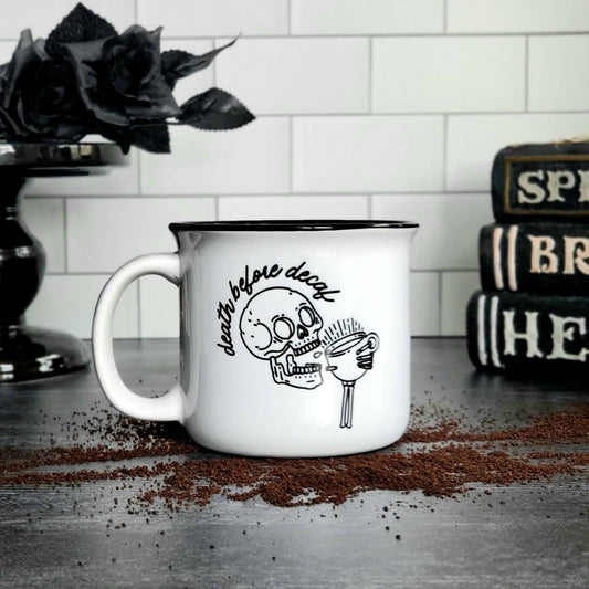 15 Oz Ceramic Camping Mug- Death before Decaf