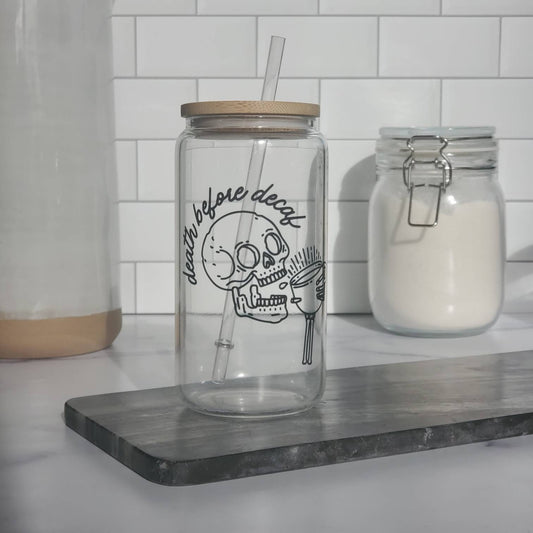Death Before Decaf Glass Beer Can with Bamboo Lid and Straw | Coffee Glass with Bamboo Lid  | Aesthetic Glass Beer Can | Iced Coffee Tumbler