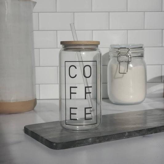 Coffee Glass Beer Can with Bamboo Lid and Straw
