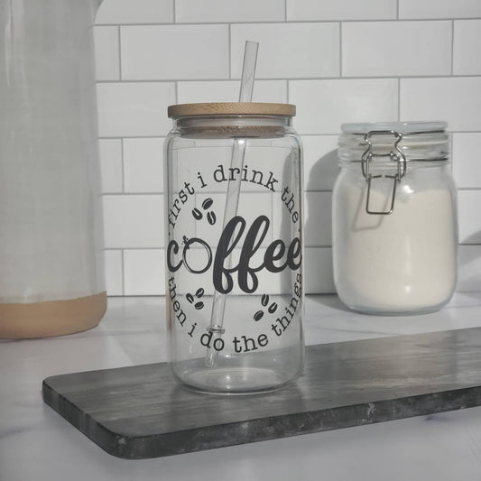 Coffee before I do Things Glass Beer Can with Bamboo Lid and Straw
