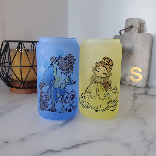 Beauty and the Beast Frosted Color Changing Glass Beer Can with Bamboo Lid and Straw | Coffee Glass with Bamboo Lid | Iced Coffee Tumbler