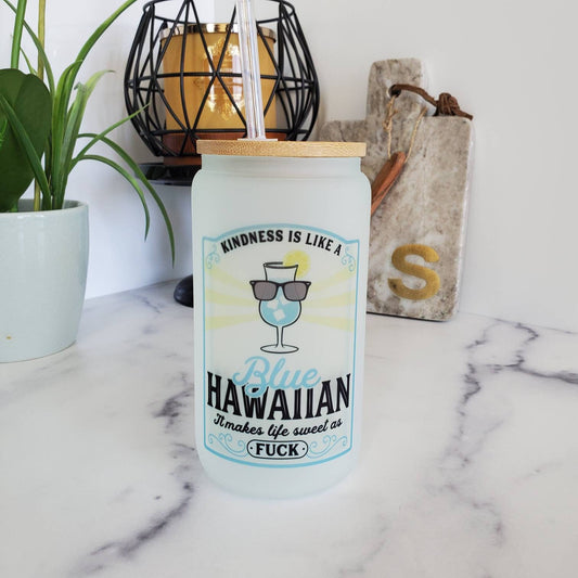 Blue Hawaiian Frosted Color Changing Glass Beer Can with Bamboo Lid and Straw|Coffee Glass with Bamboo Lid |Iced Coffee Tumbler|Mixed Drinks