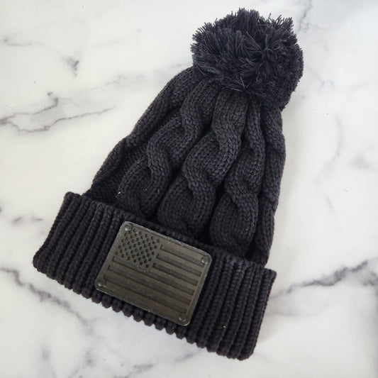 Black Flag Wood Patch Richardson Chunky Twist Cuffed Knit Beanie with Pom Pom | Unique Gifts for Him or Her | First Responder GIft