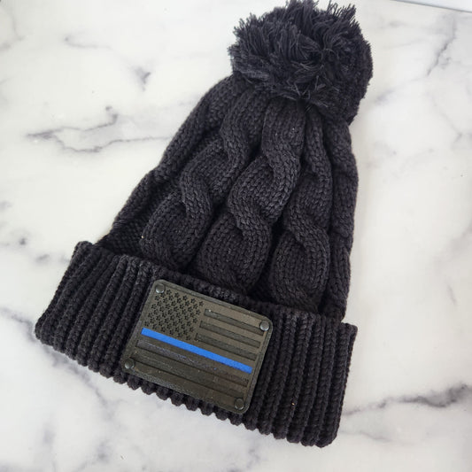 Blue Line Flag Wood Patch Richardson Chunky Twist Cuffed Knit Beanie with Pom Pom | Unique Gifts for Him or Her | Law Enforcement GIft