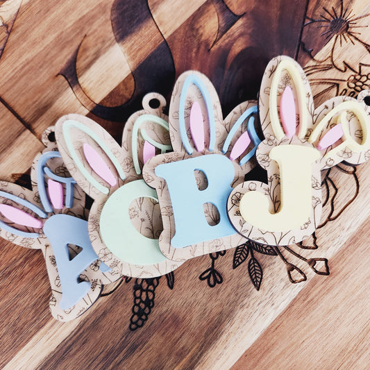 Easter basket tags | bunny ear initial wooden tags | spring basket for kids | laser engraved floral wood ornament| basket name tag