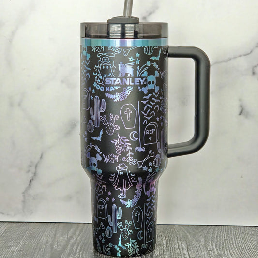 Western Ghost 30 oz Stanley Tumbler| Halloween Tumbler| Spooky Western Cup| Spooky Season| Full Wrap Custom Design| Laser Engraved Wrap