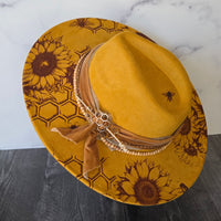Fully Decorated Laser Engraved Vegan Suede Wide Brim Hat with Accessories