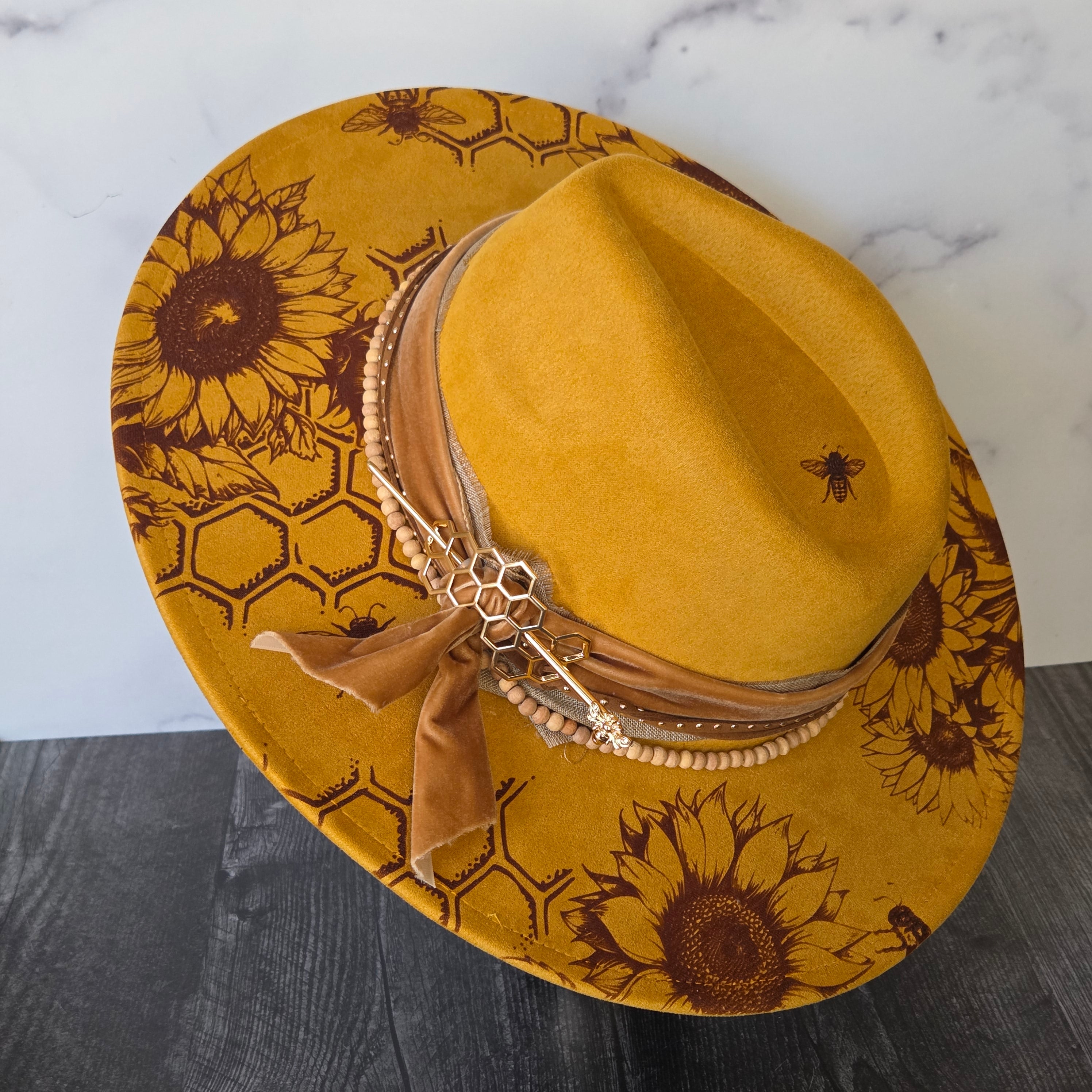 Fully Decorated Laser Engraved Vegan Suede Wide Brim Hat with Accessories